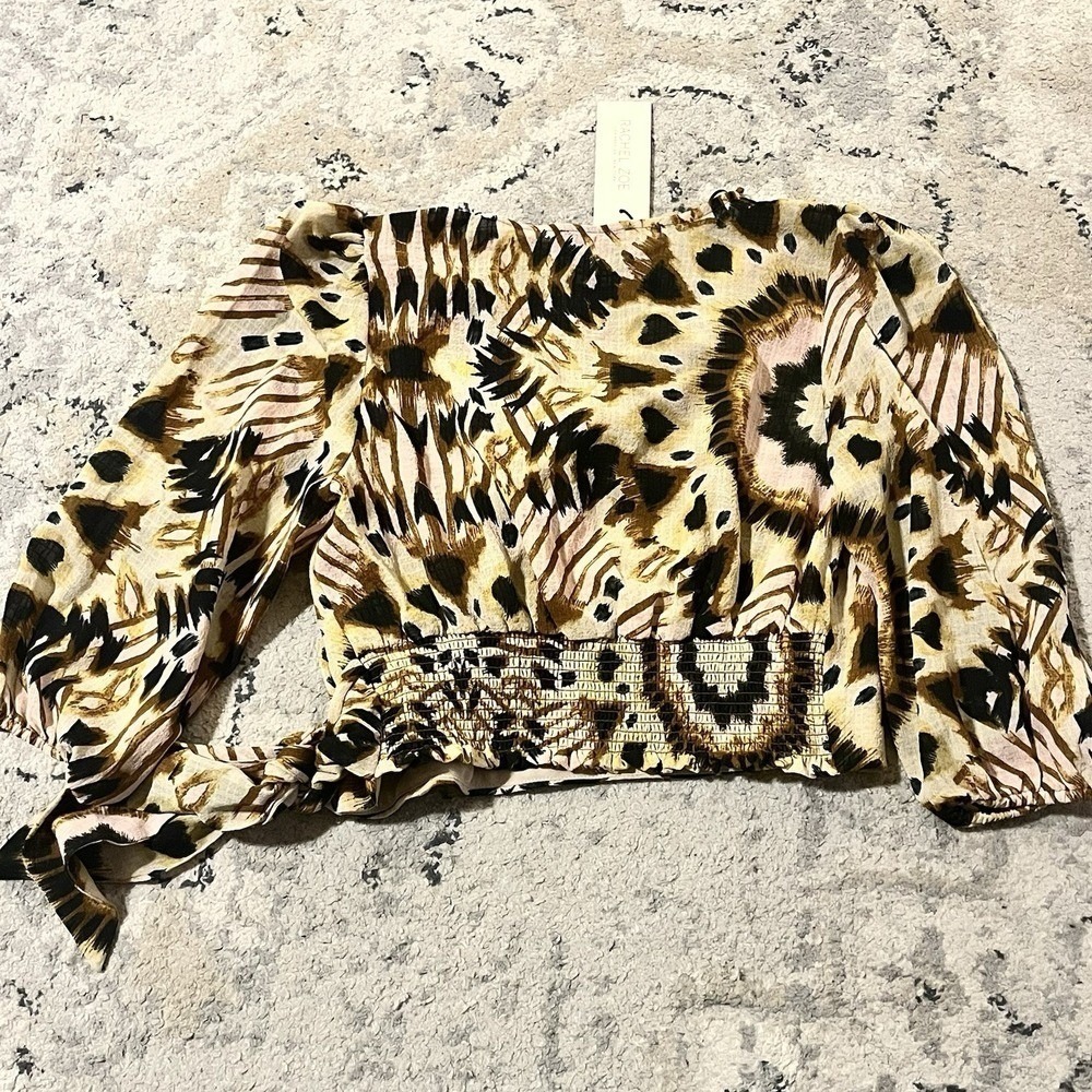 Rachel Zoe NWT Women Animal Print Crop Wrap Tie Top Puff Sleeve Boho Resort S - Picture 8 of 8